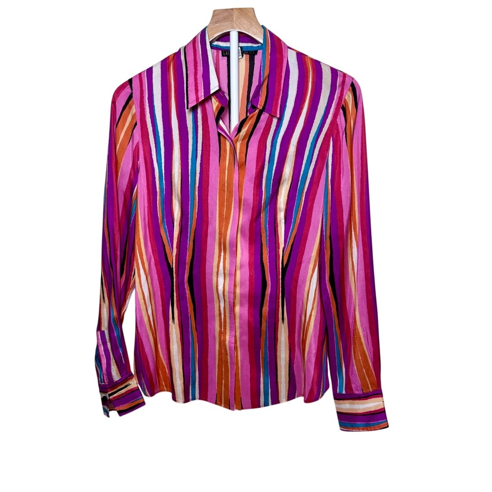Lafayette 148 New York 100% Silk Striped Hidden Button Blouse Pink Orange Size 8